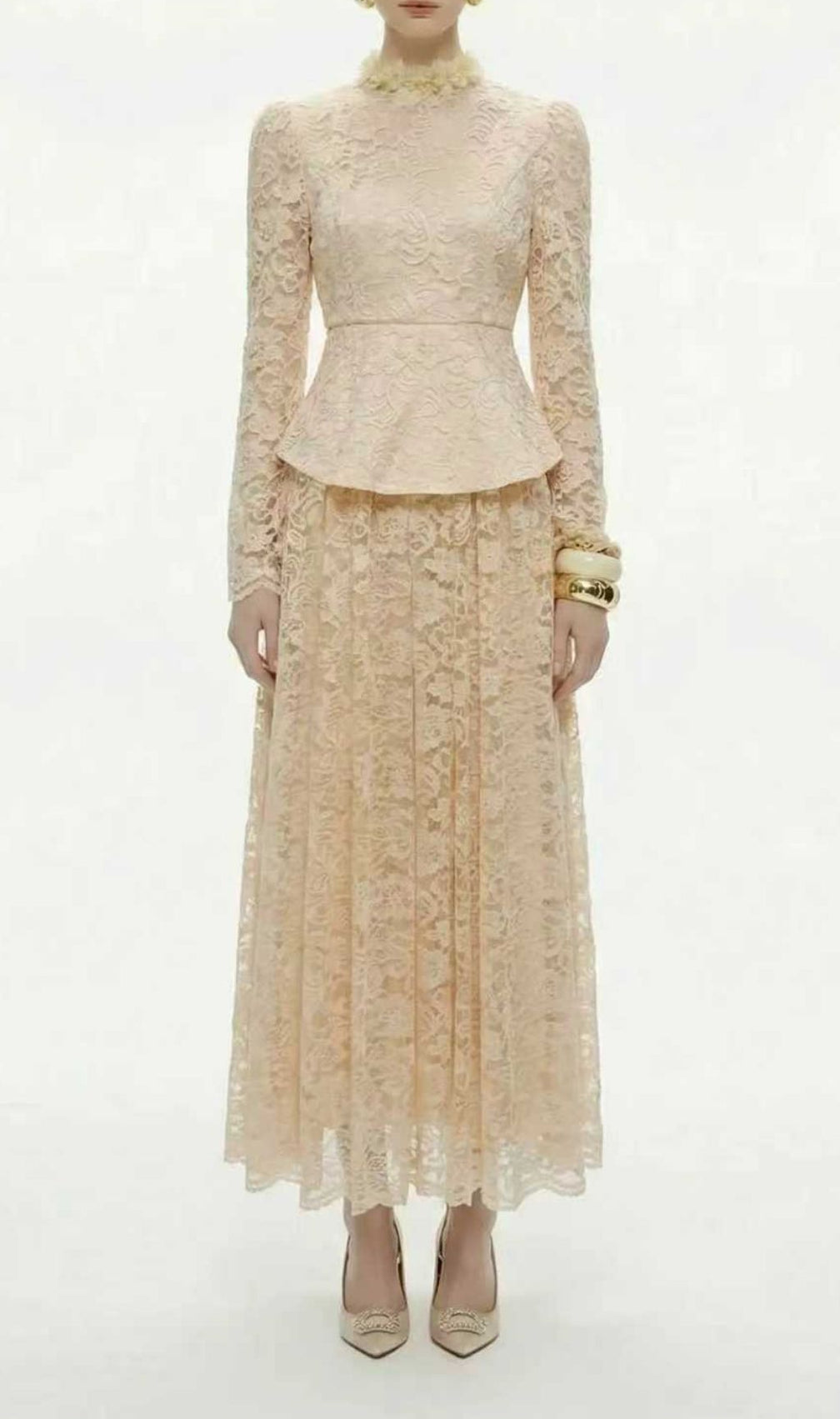 Kaylynn | Elegant Lace Long-Sleeve Peplum Top & Midi Skirt Set