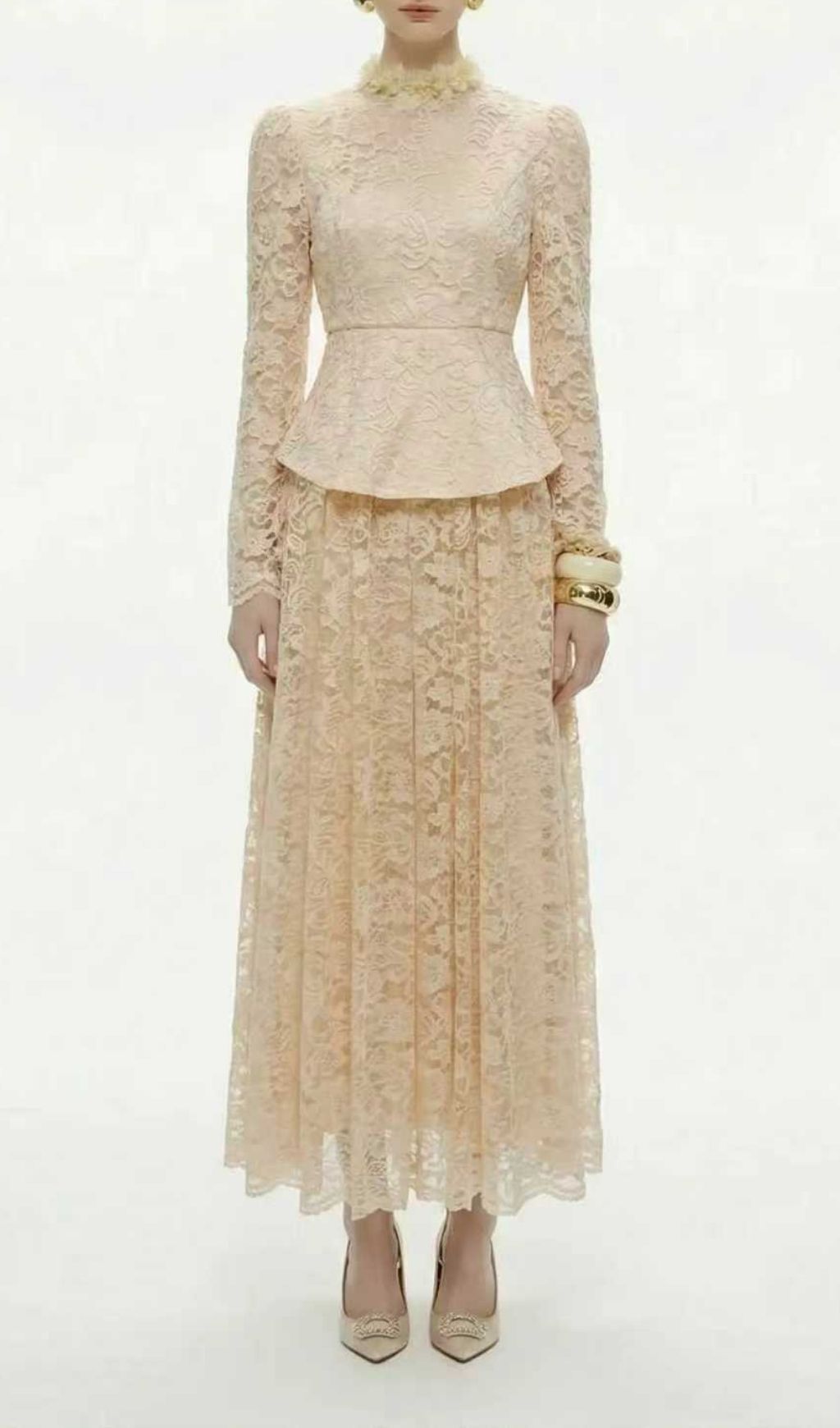 Kaylynn | Elegant Lace Long-Sleeve Peplum Top & Midi Skirt Set