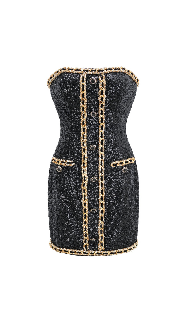 SEQUIN CHAIN STRAPLESS MINI DRESS