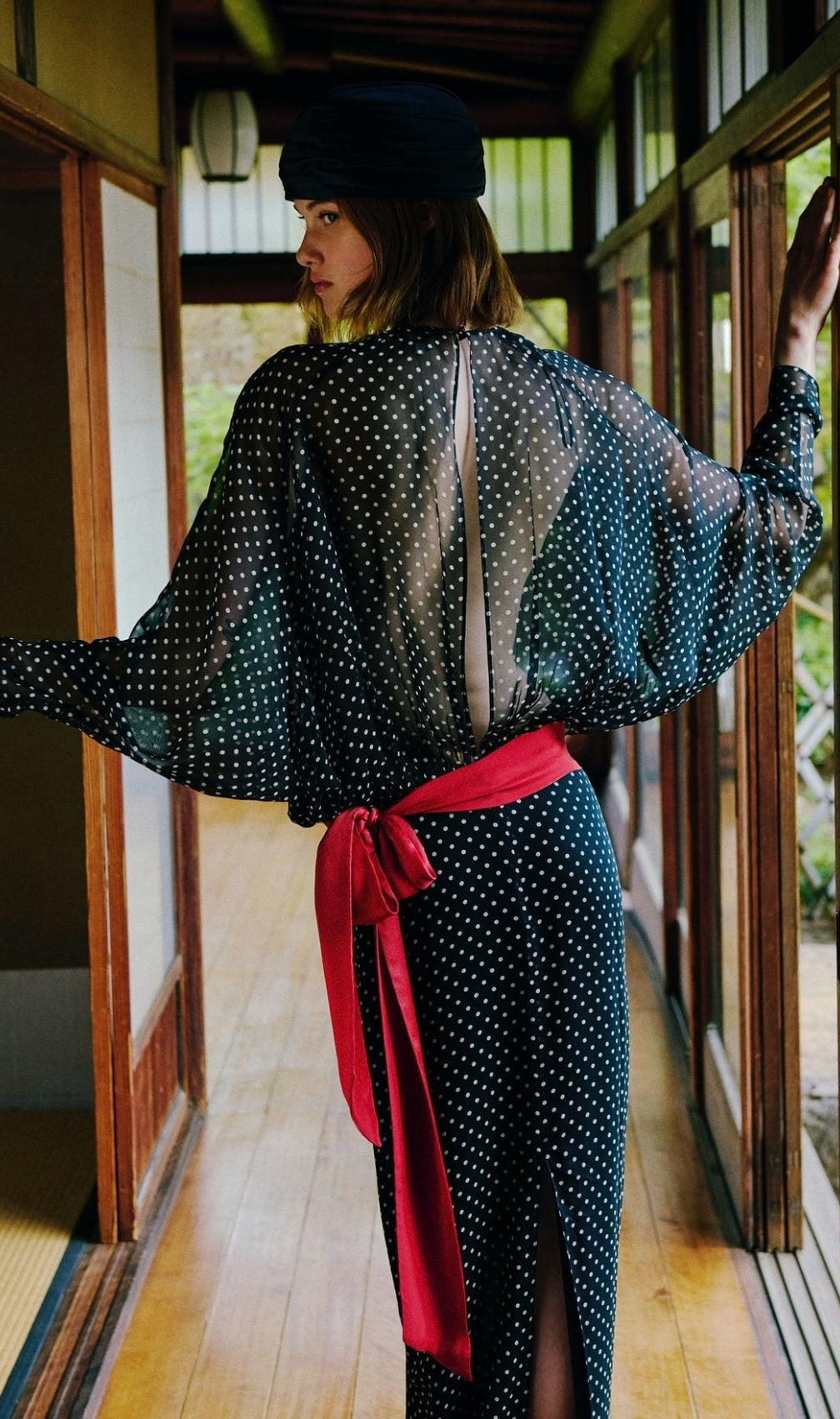 Chic Sheer Polka Dot Long Sleeve Maxi Dress - Black