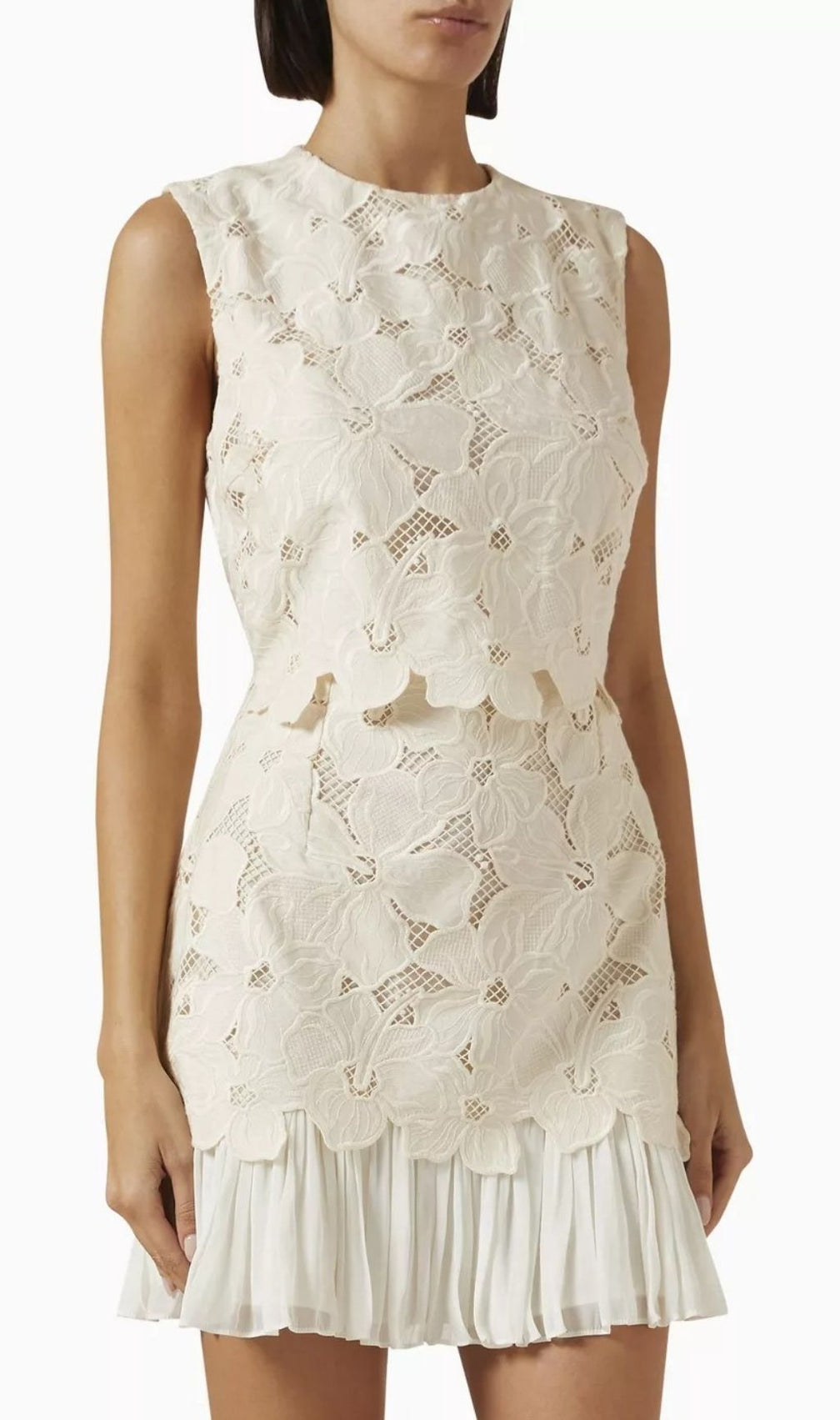 Johanna Floral Guipure Lace Mini Dress - Two-Piece Illusion & Pleated Ruffle