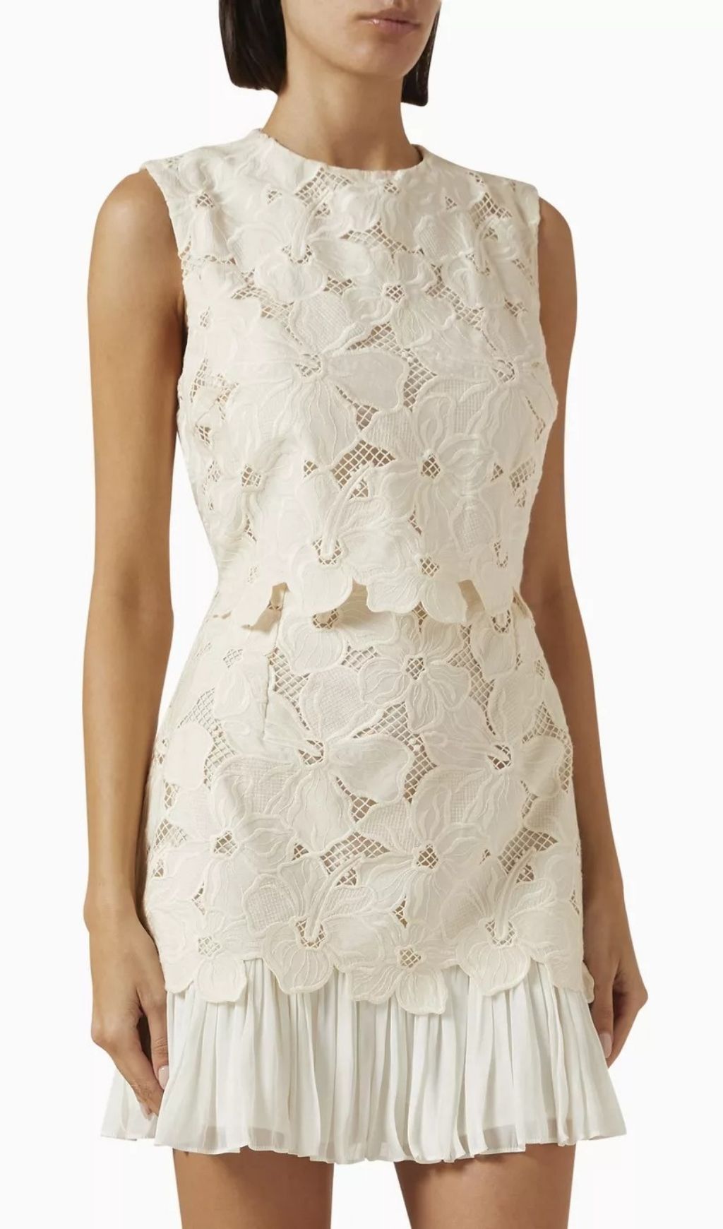 Johanna Floral Guipure Lace Mini Dress - Two-Piece Illusion & Pleated Ruffle