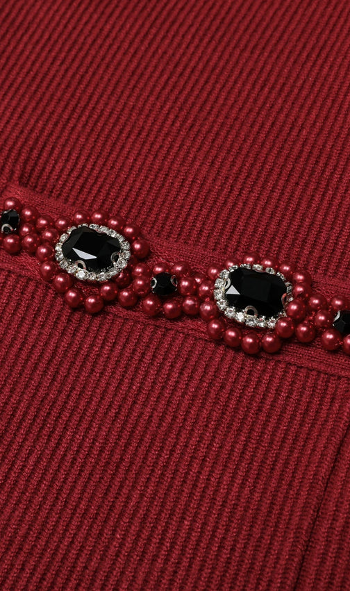 Elegant Wine Red Embellished Knit Cardigan & Midi Skirt Set