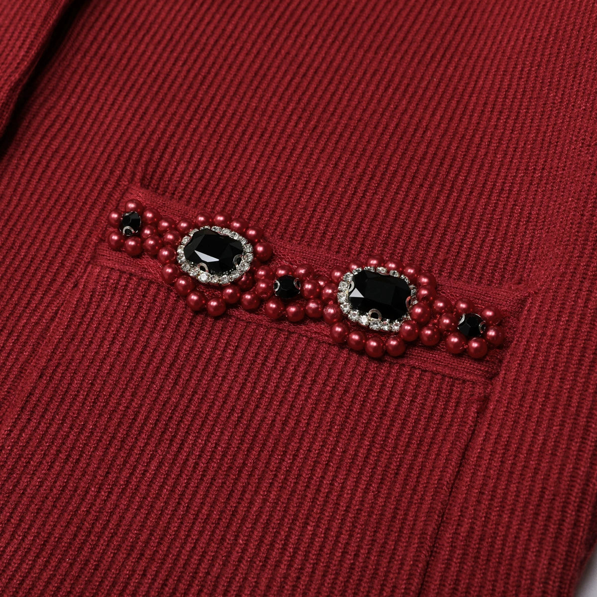 Elegant Wine Red Embellished Knit Cardigan & Midi Skirt Set