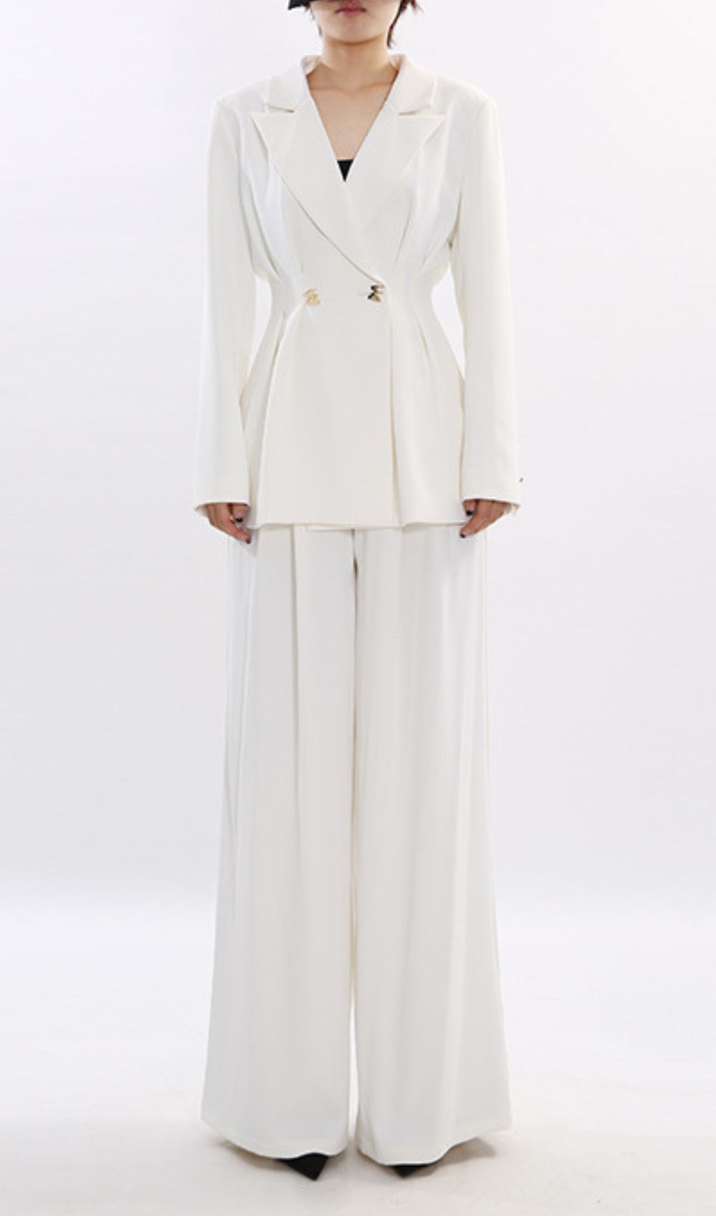 Janine Chic White Power Suit Set: Tailored Blazer & Wide-Leg Trousers