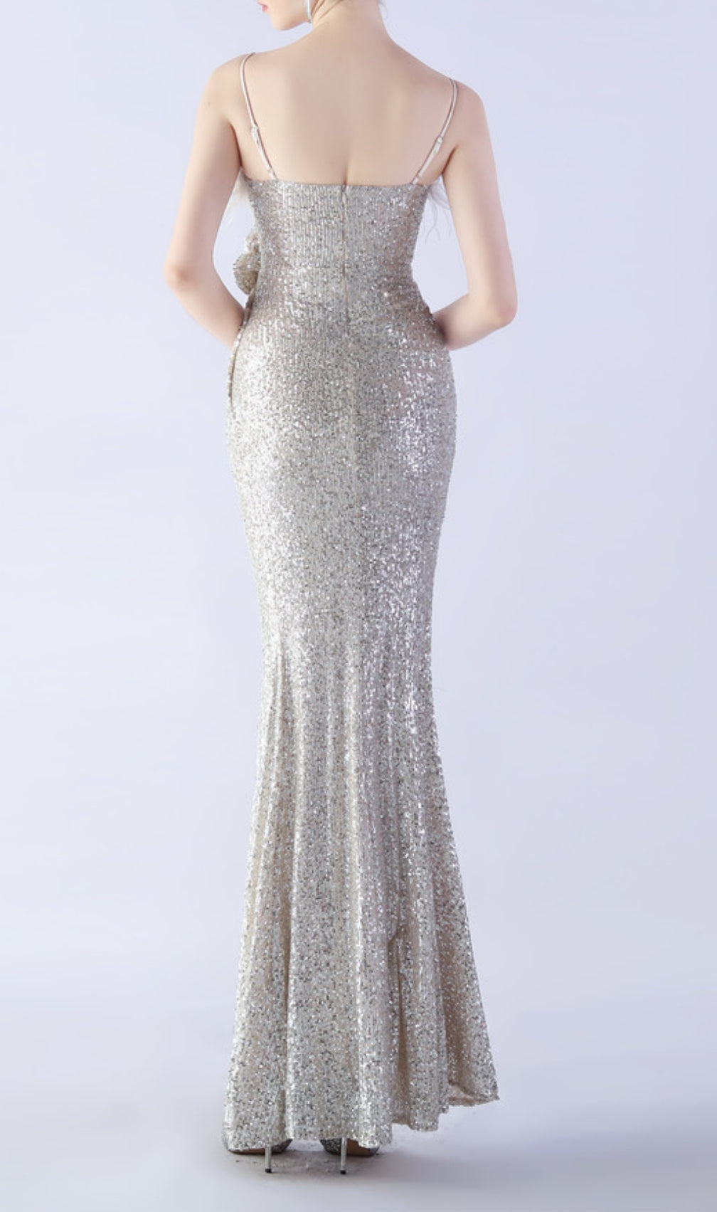 Chroma Silver Sequin Flower Feather Maxi Dress