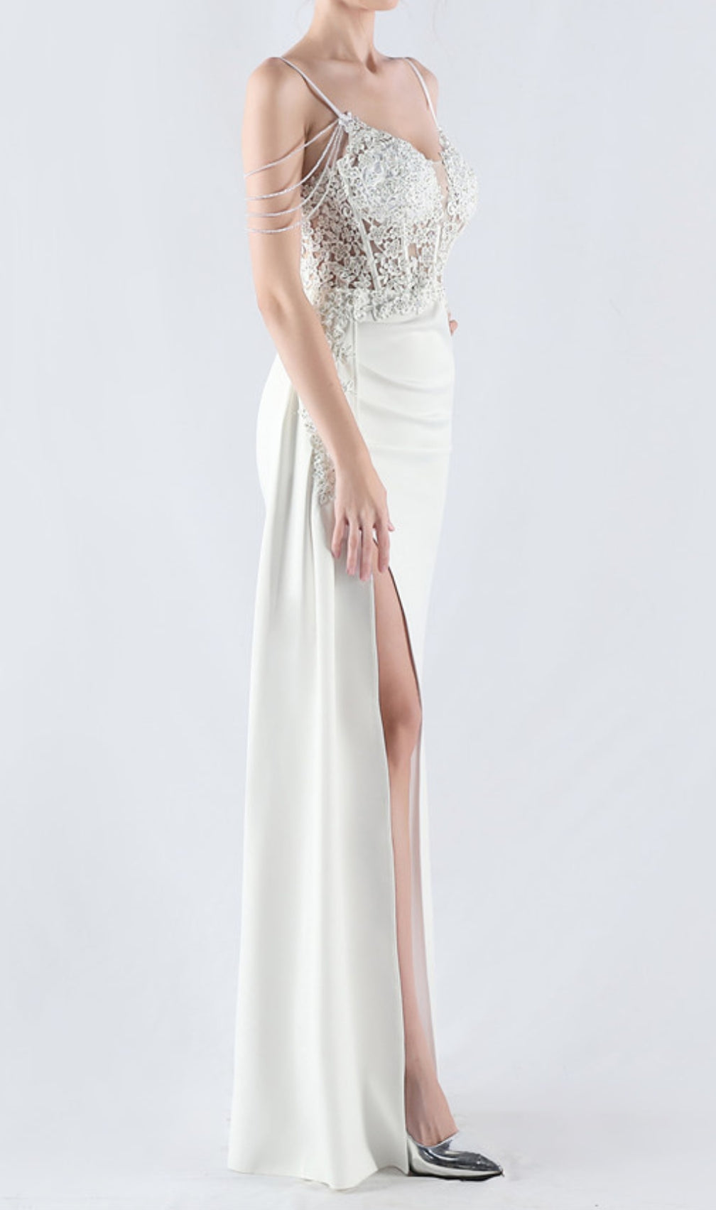 Chofa White Flower Bead Corset Maxi Dress