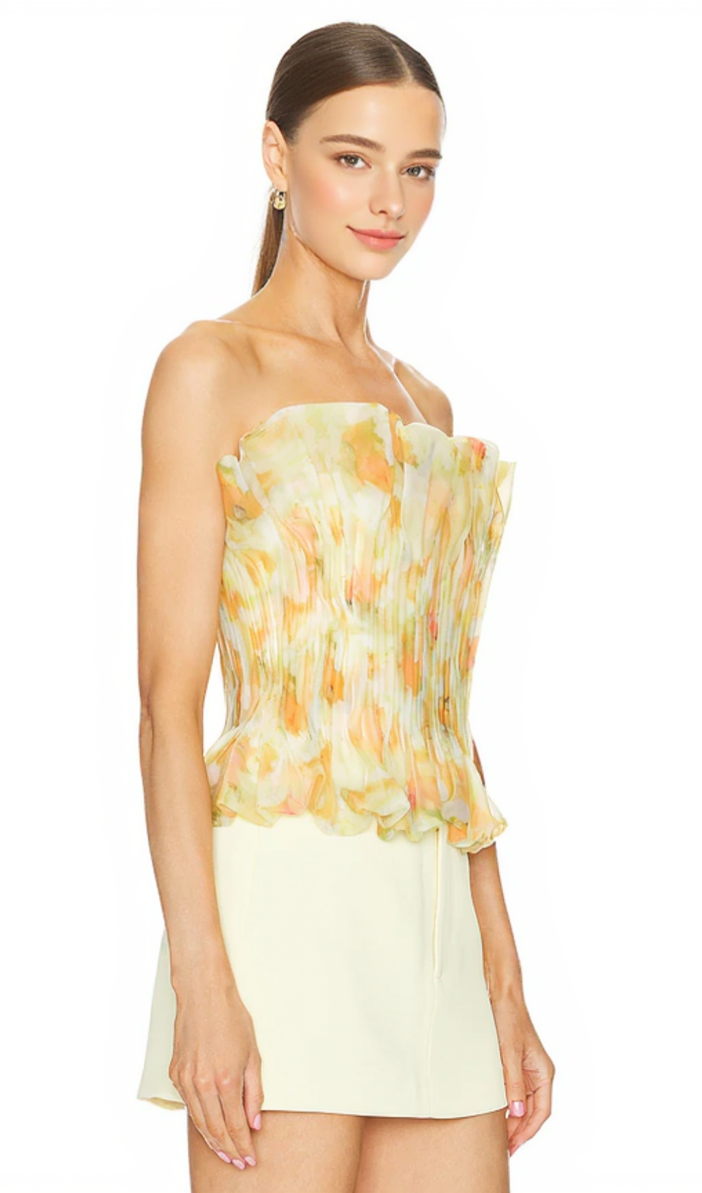 print ruffle trim top in yellow