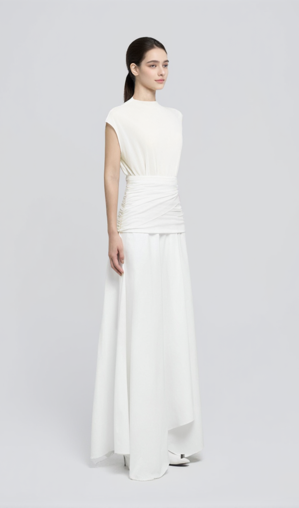 white Waist cross pleats midi dress with asymmetric hemline