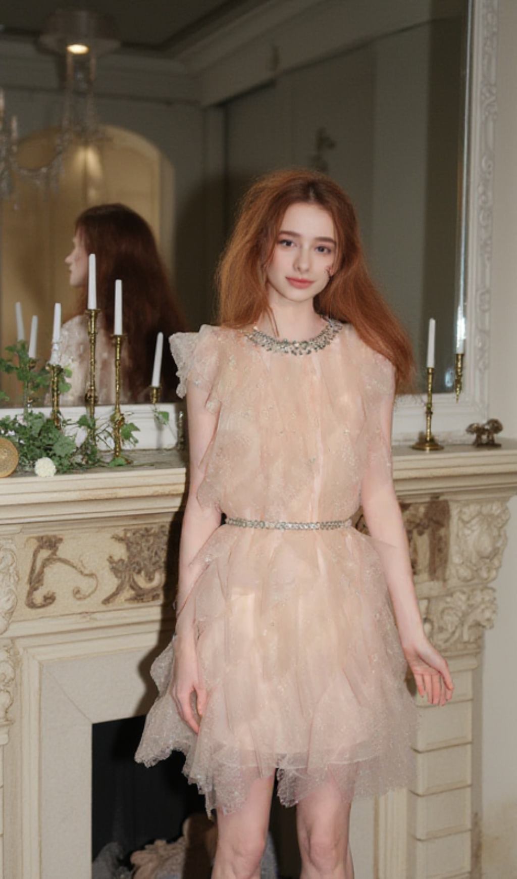 Crystal Embellished Ruffle mini Dress in pale pink