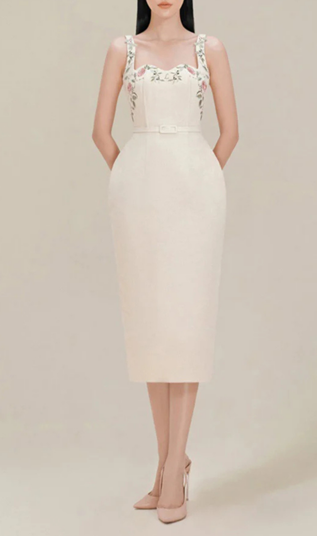 Alessandria Machine Embroidery Strap Hip Midi Dress