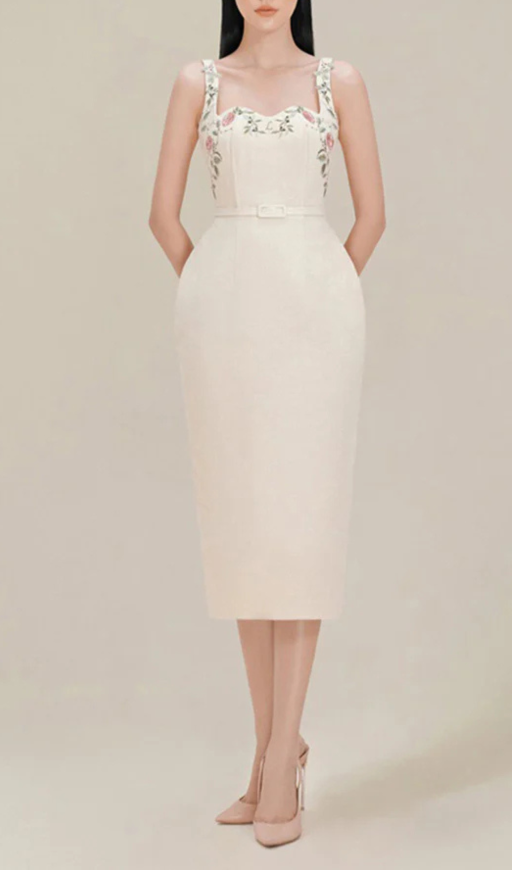 Alessandria Machine Embroidery Strap Hip Midi Dress