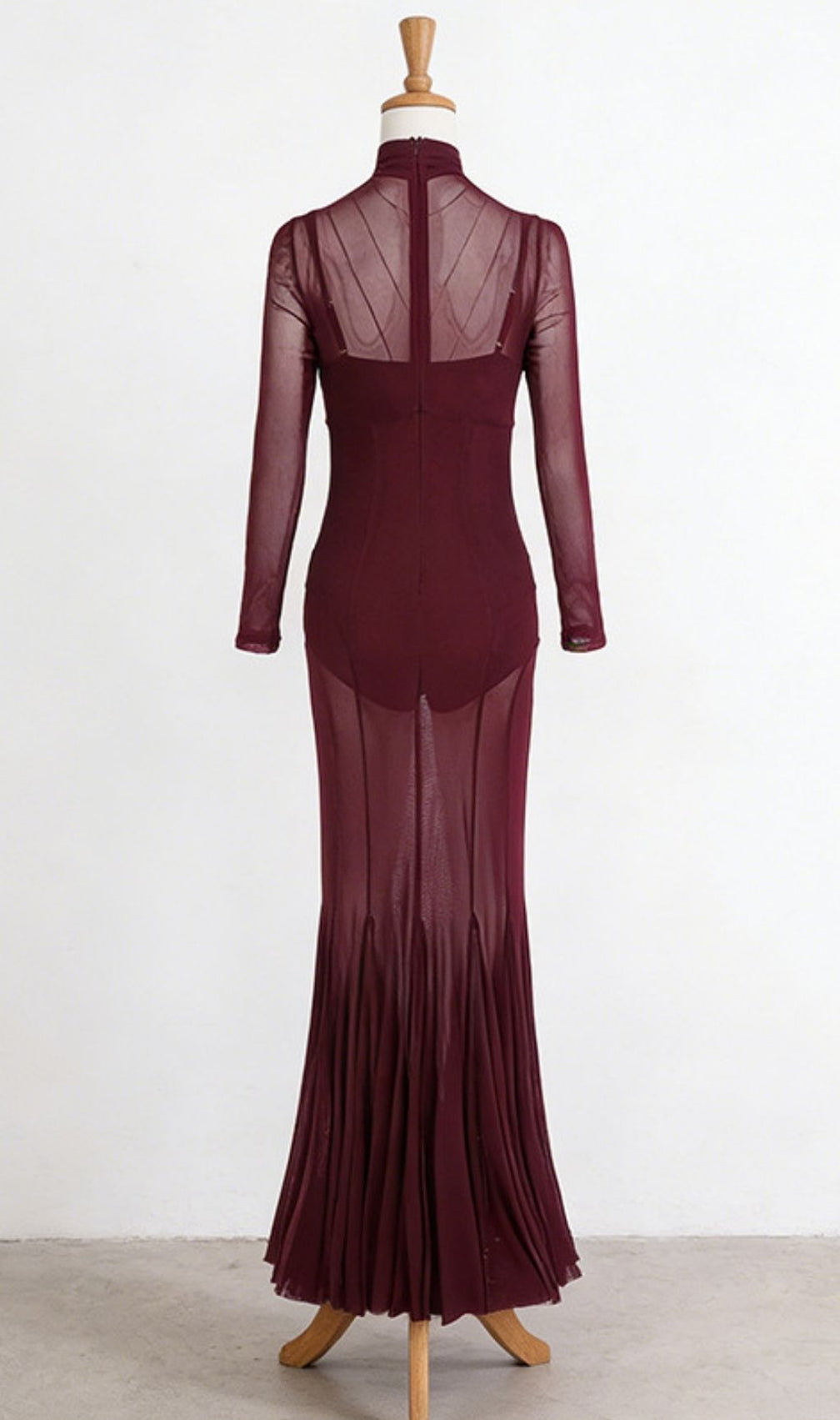 Kaylin Wine Mesh Illusion Long Sleeve Maxi Dress - Elegant Formal Gown