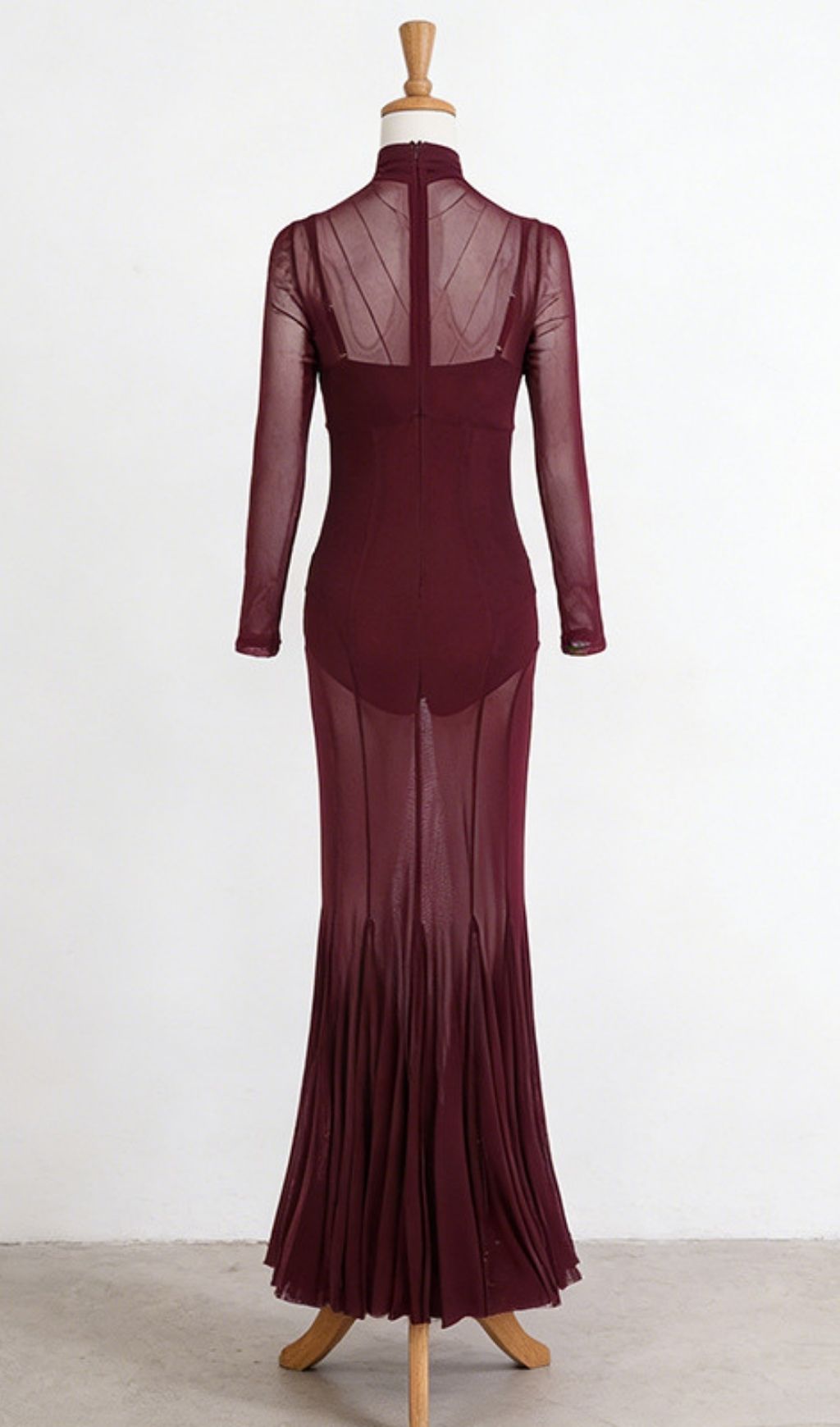 Kaylin Wine Mesh Illusion Long Sleeve Maxi Dress - Elegant Formal Gown