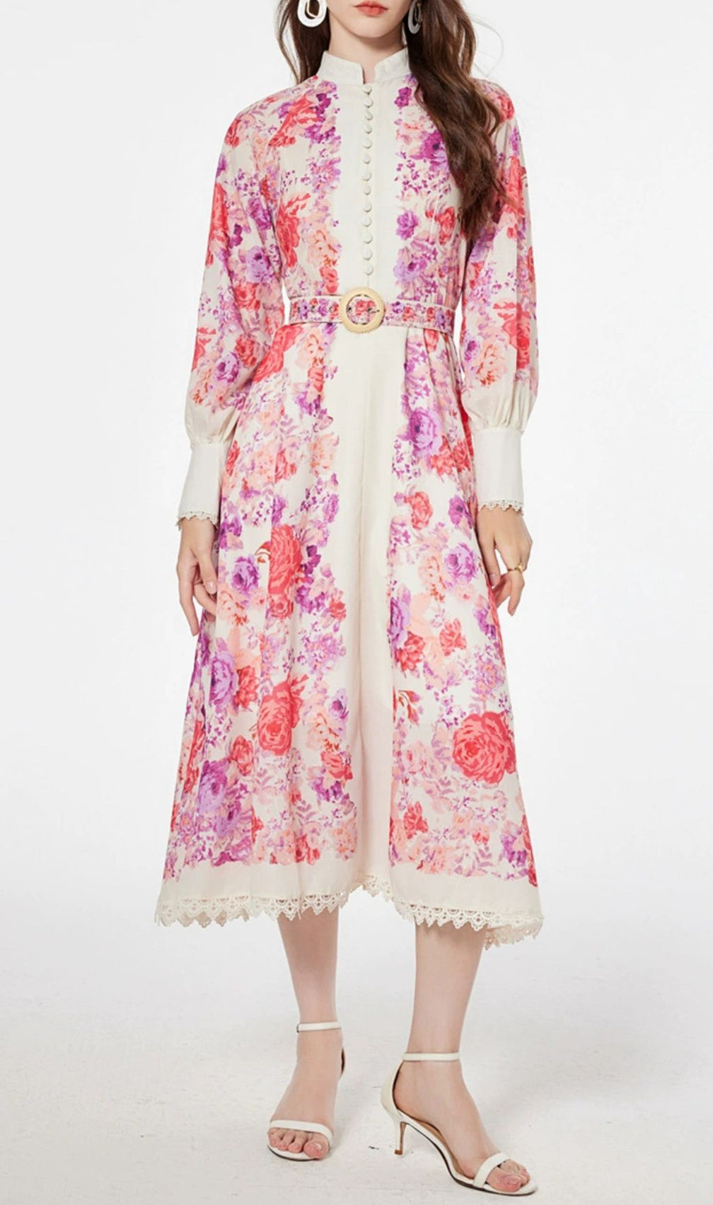 Jarl Elegant Pink Floral Long Sleeve Midi Dress | Vintage Chic