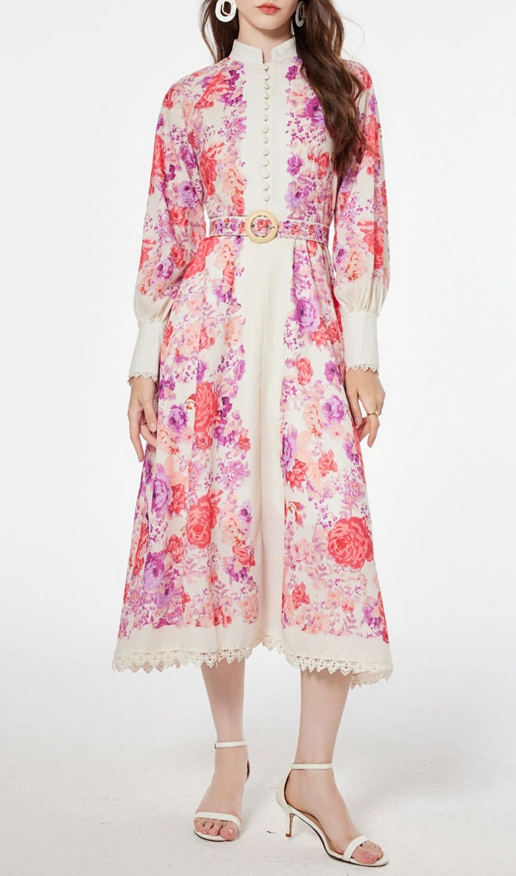 Jarl Elegant Pink Floral Long Sleeve Midi Dress | Vintage Chic