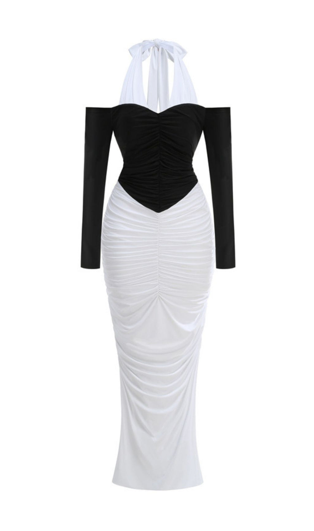 Kapri Elegant Two-Tone Halter & Off-Shoulder Ruched Maxi Dress