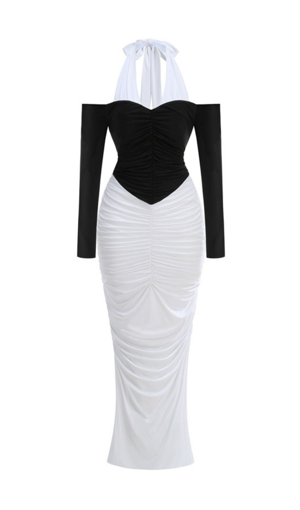 Kapri Elegant Two-Tone Halter & Off-Shoulder Ruched Maxi Dress