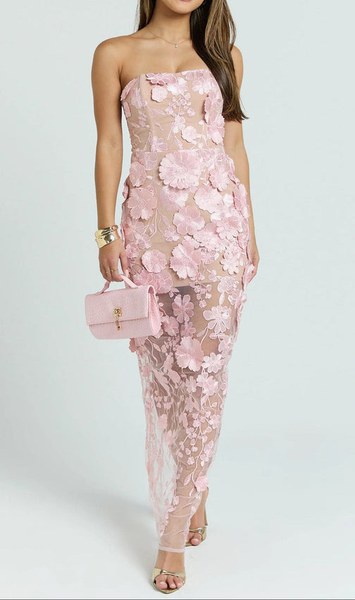 Strapless 3D Floral Mesh Maxi Dress