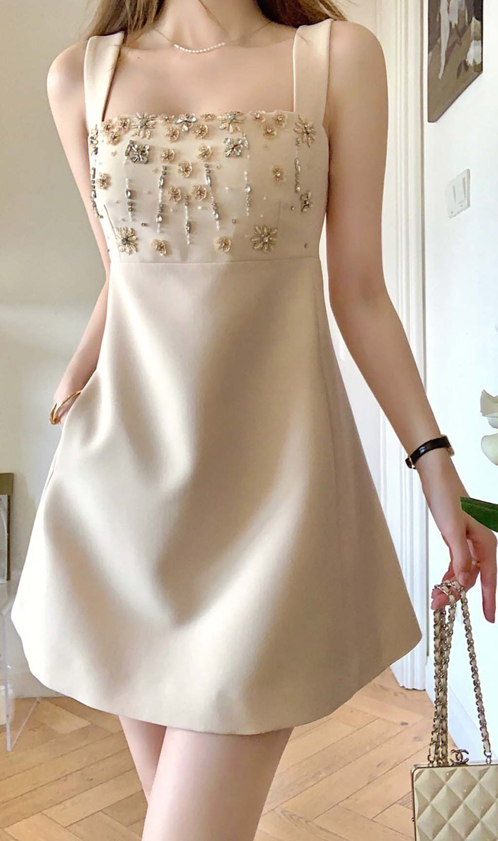 Strappy Crystal Embellished Mini Dress In Beige
