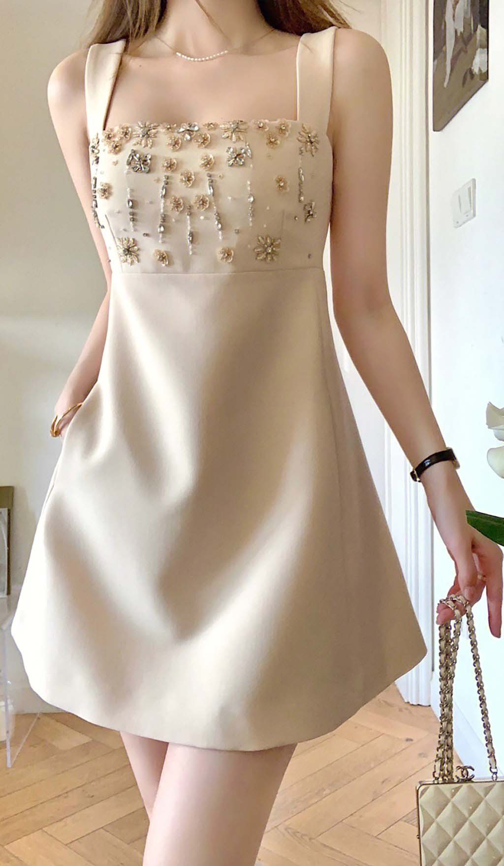 Strappy Crystal Embellished Mini Dress In Beige