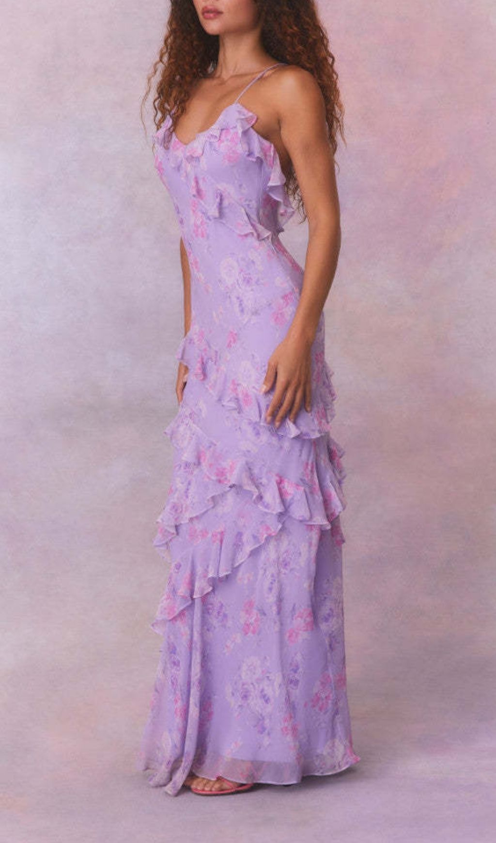 Labonita Purple Floral Ruffle Maxi Dress
