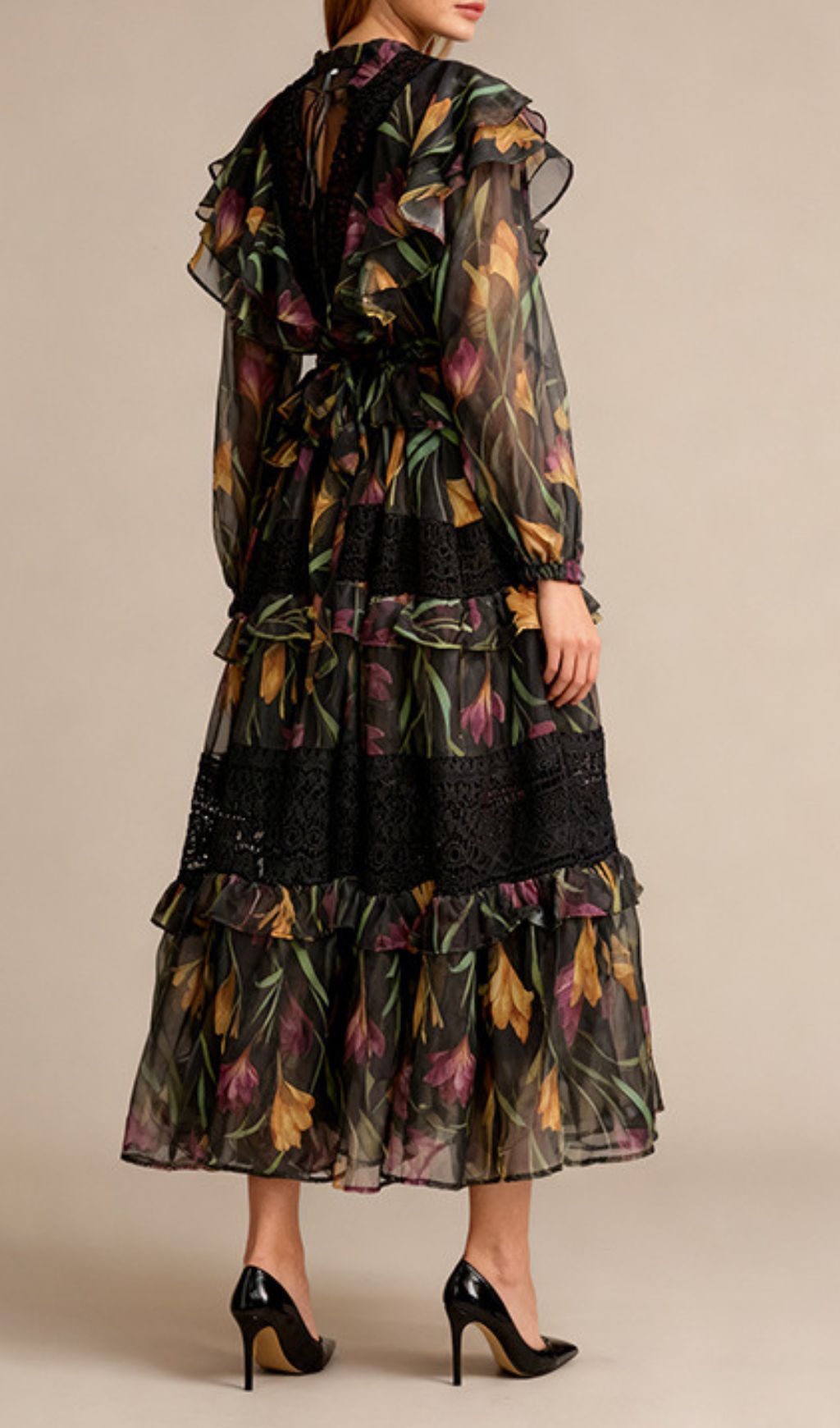 Imagine Floral Ruffle & Lace Tiered Long Sleeve Midi Dress