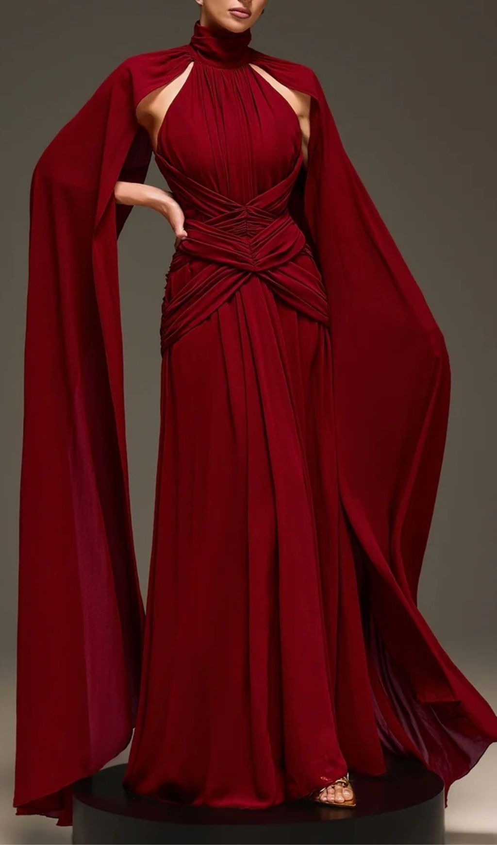 Evarix Glamorous Burgundy Cape Sleeve Maxi Gown
