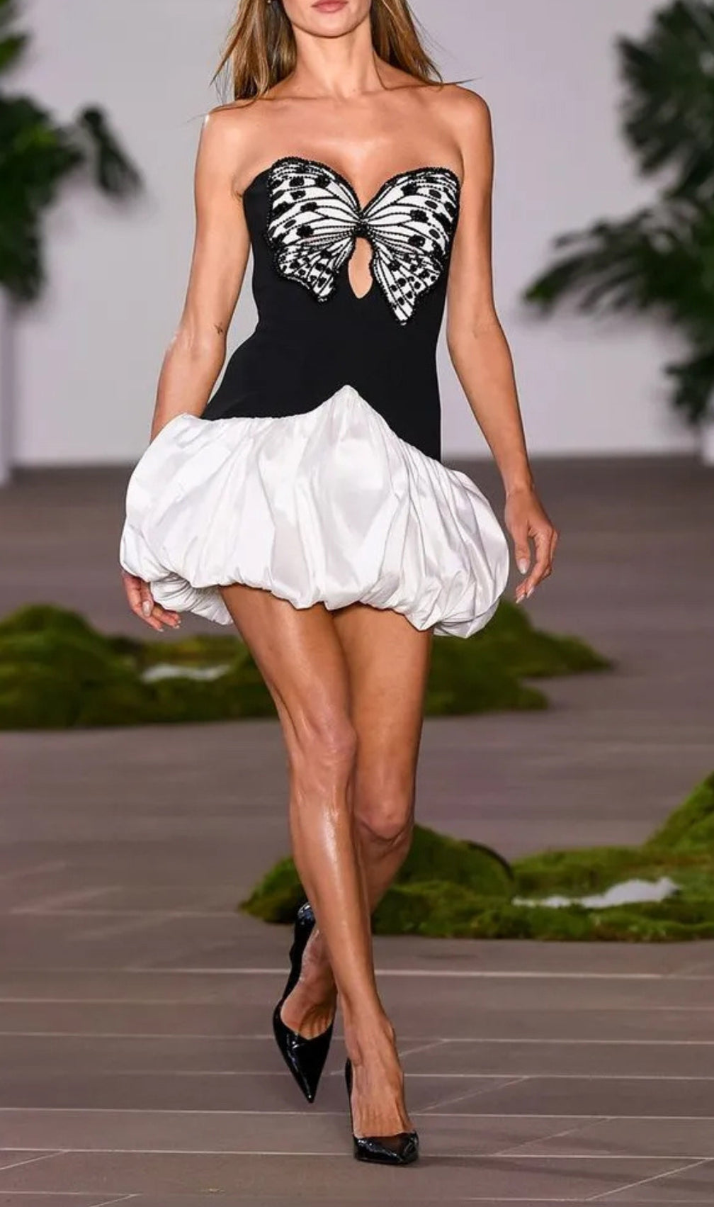 Black White Strapless Sequin Butterfly Puff Dress