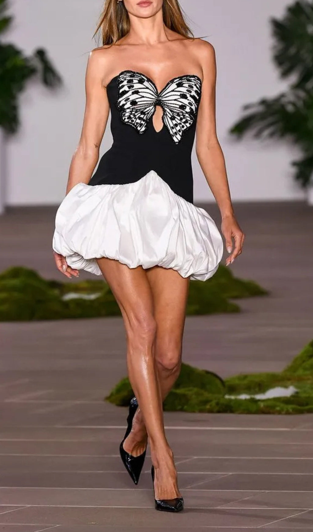 Black White Strapless Sequin Butterfly Puff Dress