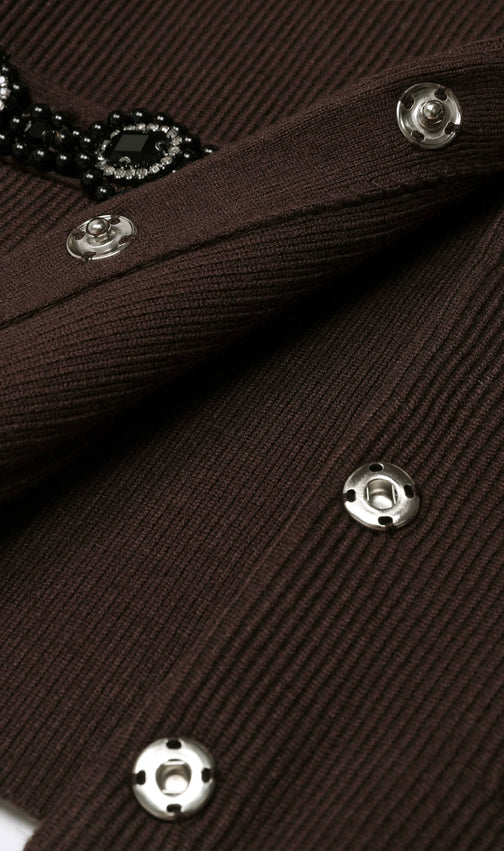 Jie Chic Coffee Ribbed Knit Cardigan & Midi Skirt Set with Embellishments