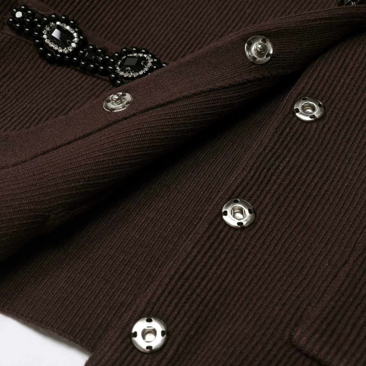 Jie Chic Coffee Ribbed Knit Cardigan & Midi Skirt Set with Embellishments