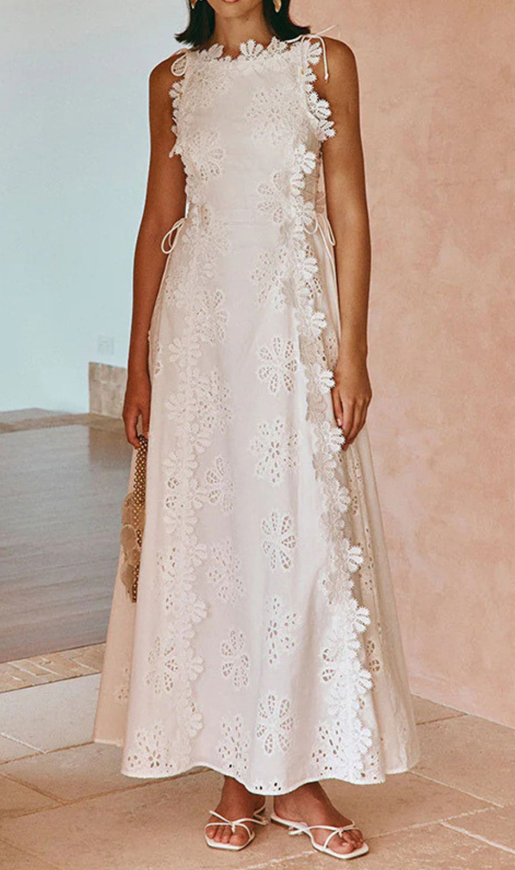 Fabiola White Flower Embroidery Maxi Dress