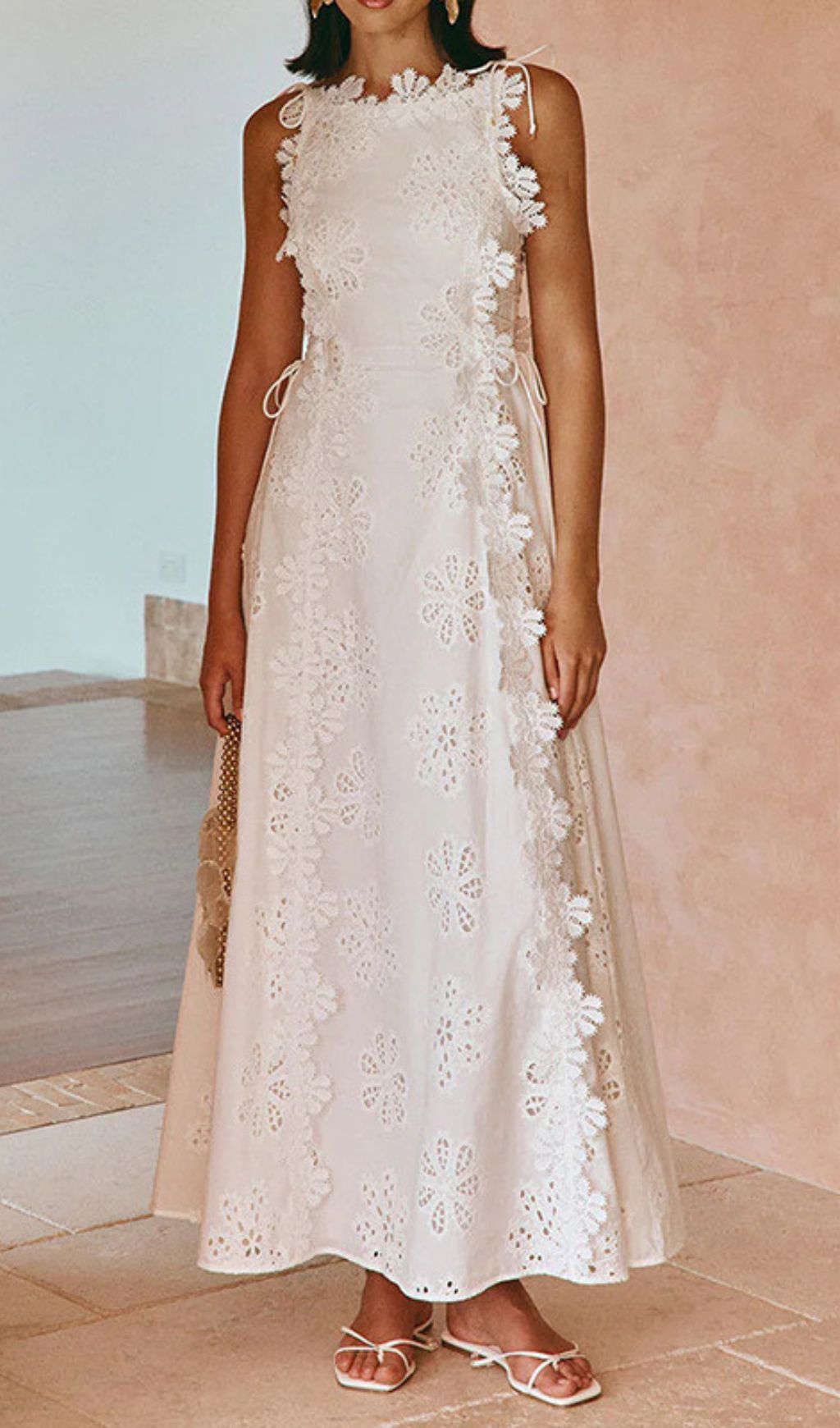 Fabiola White Flower Embroidery Maxi Dress