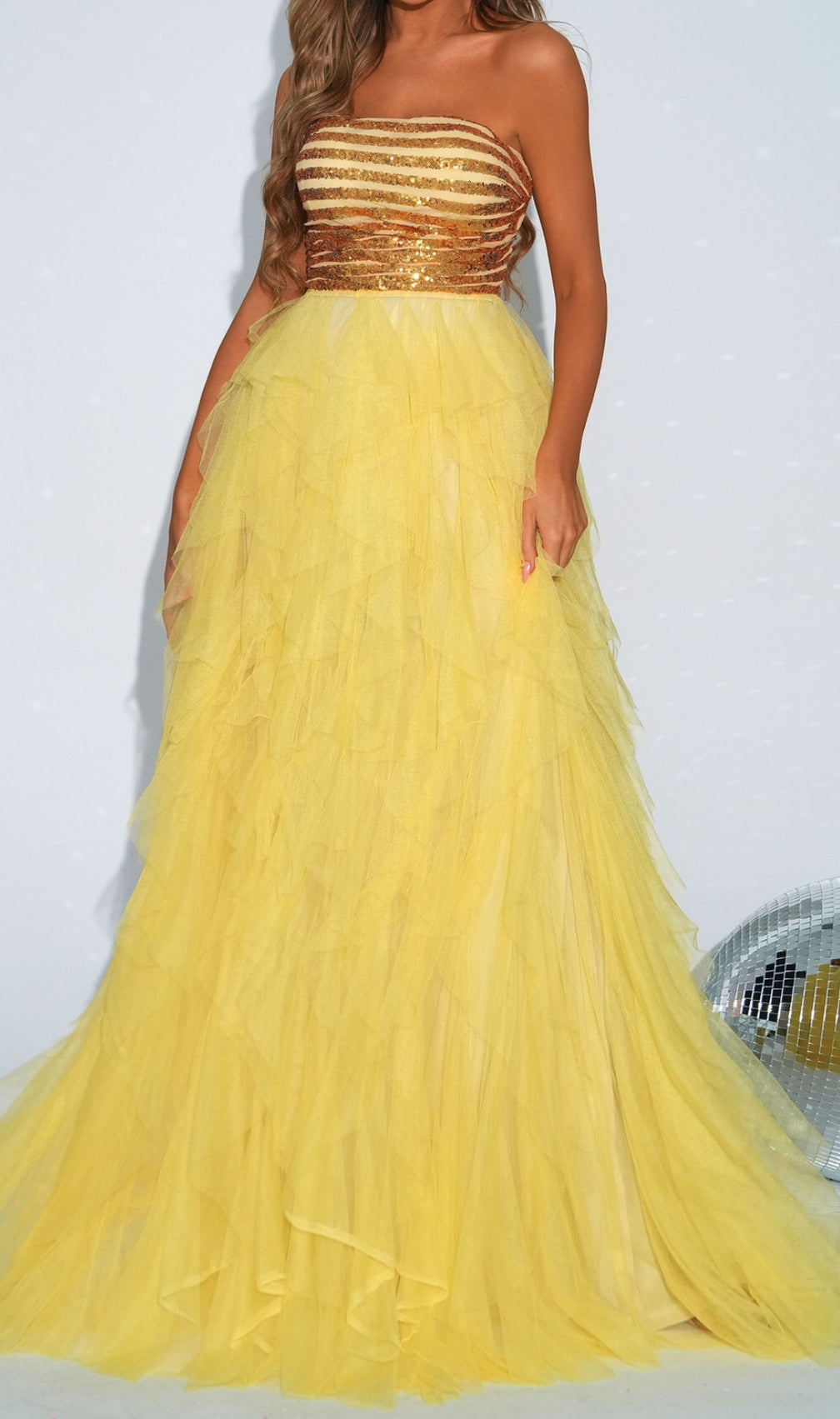 Dilana Yellow Strapless Sequin Maxi Dress