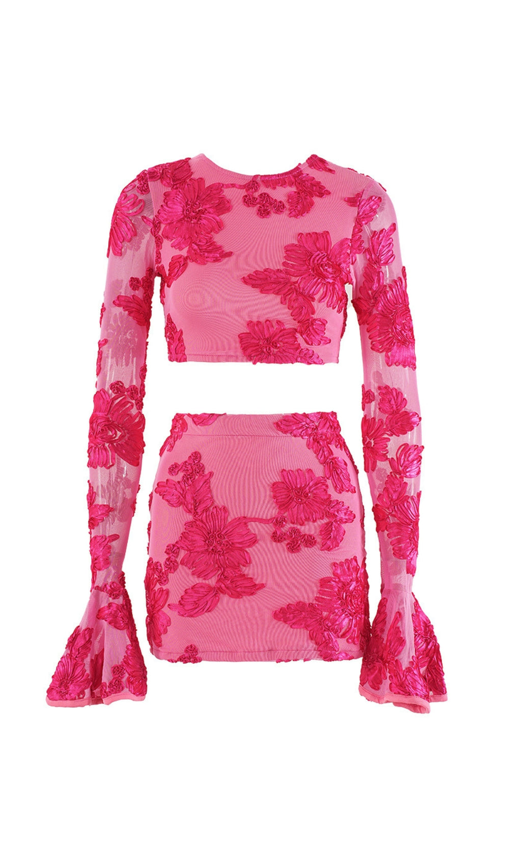 Daisy Flower Embroidery Flared Sleeve Skirt Set