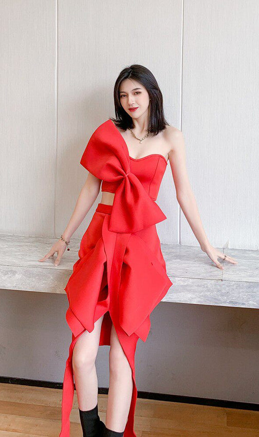 Dolores Red Bow Strapless Two-Piece Set | Asymmetrical Skirt & Ribbon Detail for Gala & Party