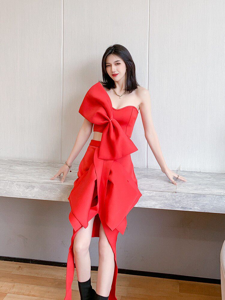 Dolores Red Bow Strapless Two-Piece Set | Asymmetrical Skirt & Ribbon Detail for Gala & Party