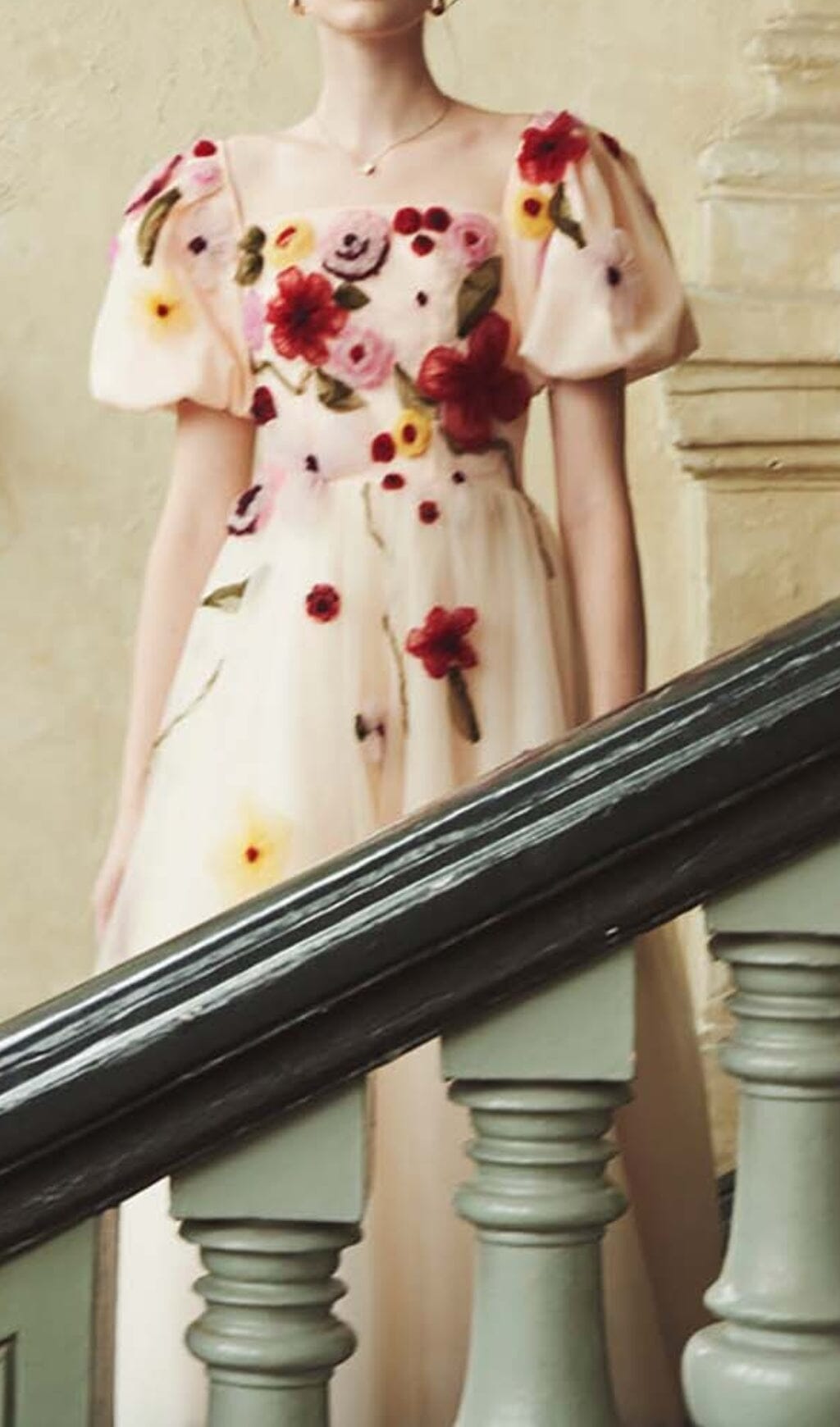 Flowers Print Puff Sleeve Midi Dress In Pink