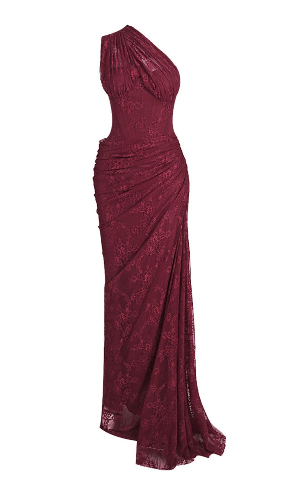 JoJo Wine Lace One-Shoulder Corset Maxi Dress - Elegant Evening Gown