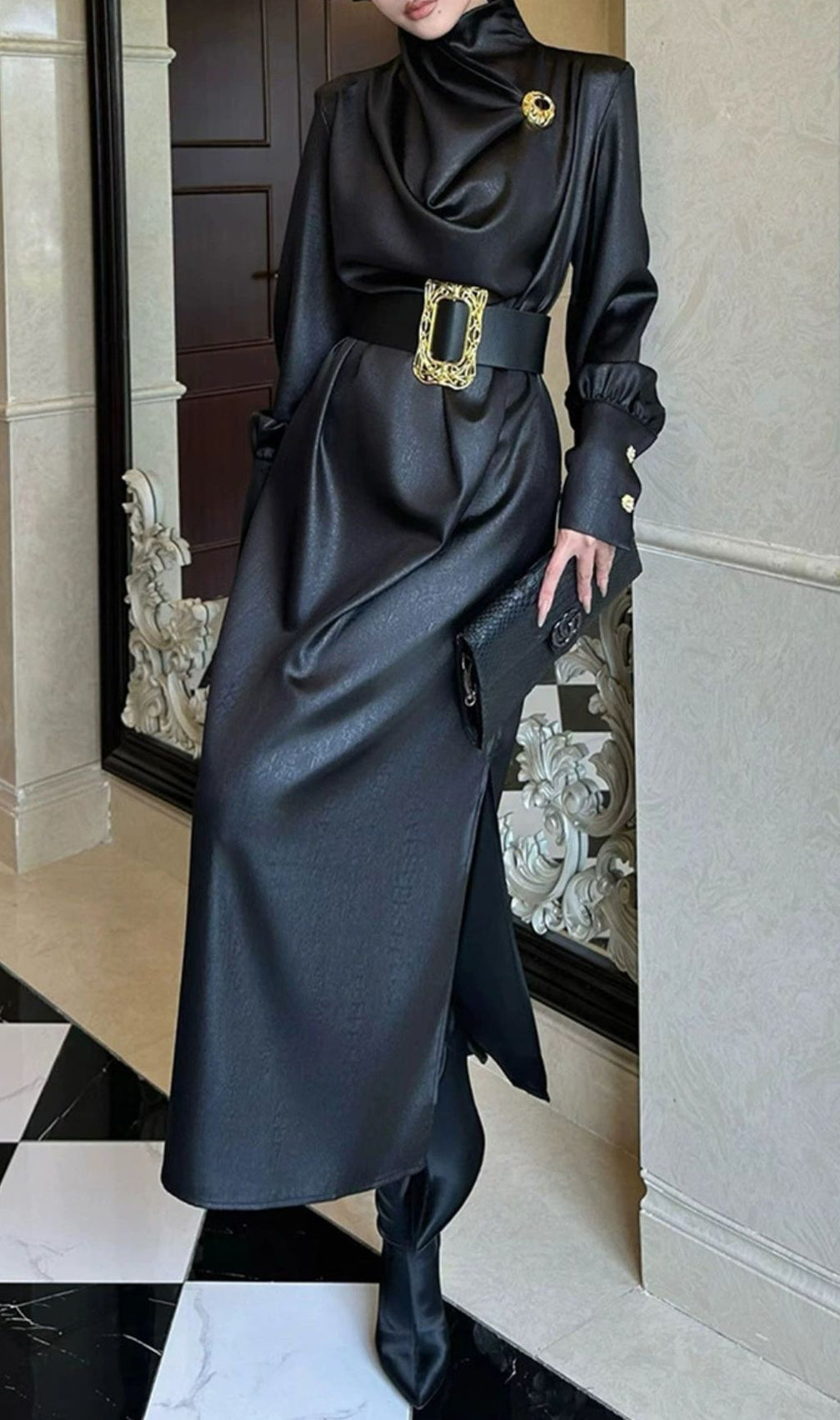 Imad Black Elegant Long Sleeve Belted Maxi Dress - Statement Gold Buckle