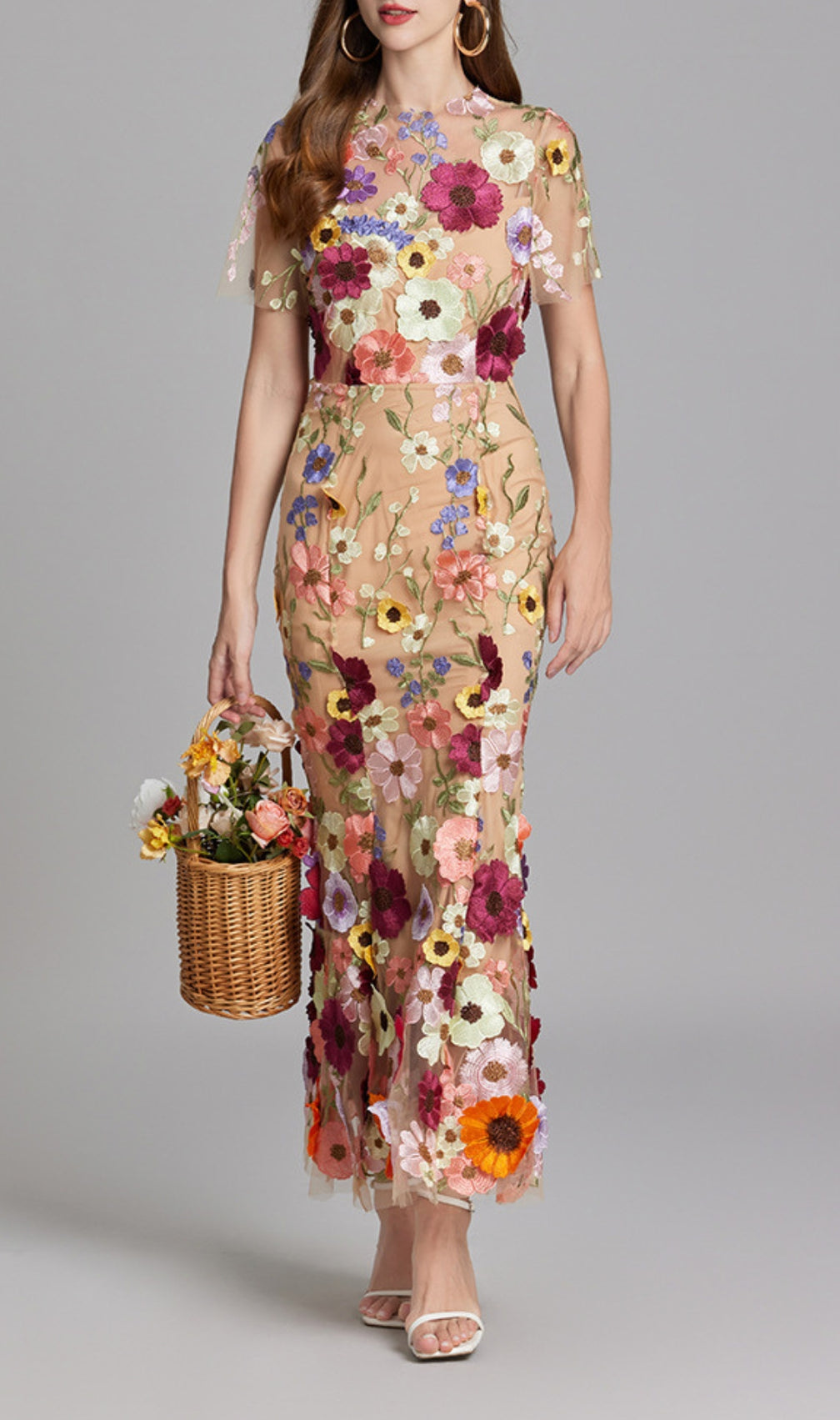 Carol Floral Embroidery Mesh Fishtail Midi Dress