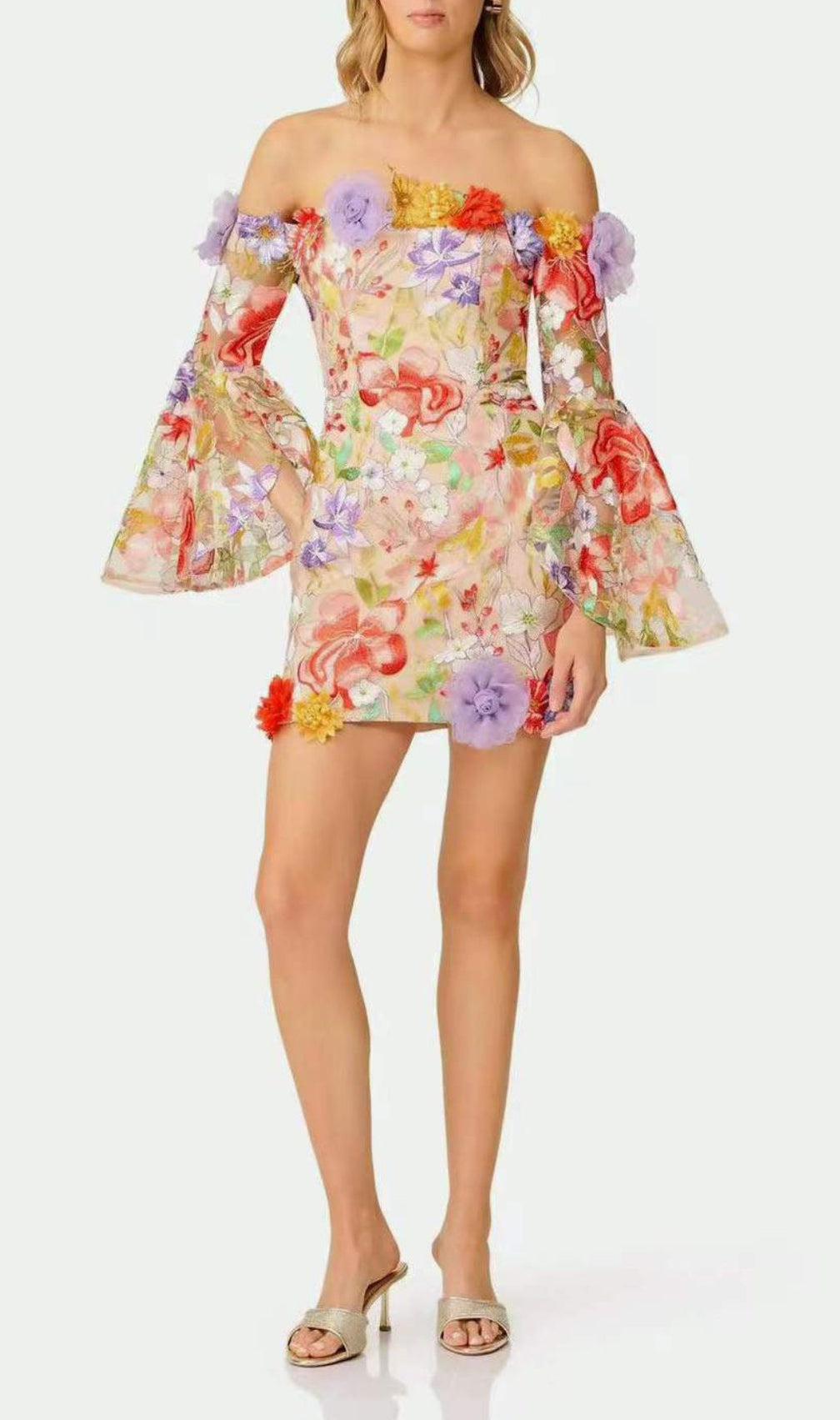 Iga Floral Embroidered Off-Shoulder Mini Dress | Whimsical 3D Blooms & Bell Sleeves