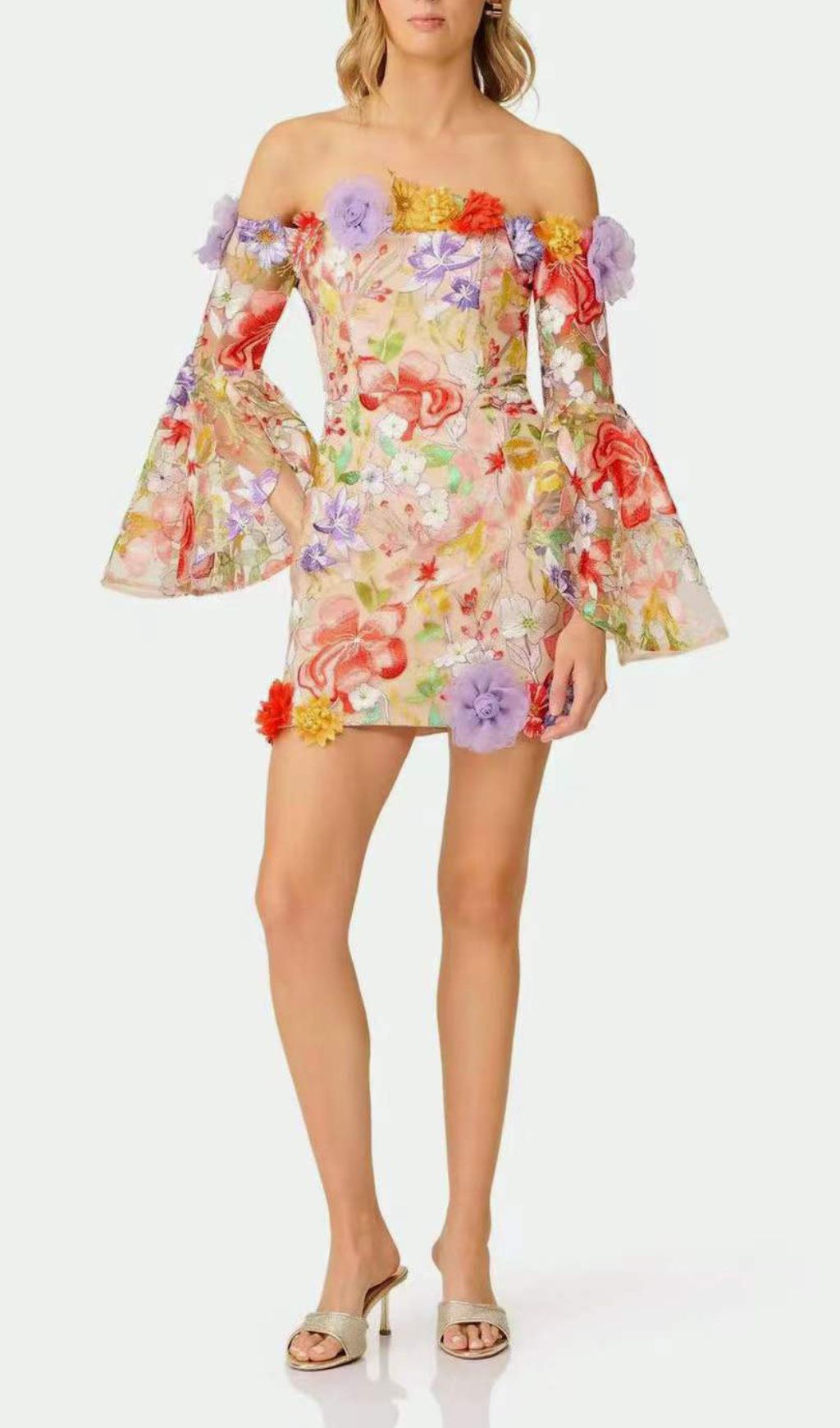 Iga Floral Embroidered Off-Shoulder Mini Dress | Whimsical 3D Blooms & Bell Sleeves