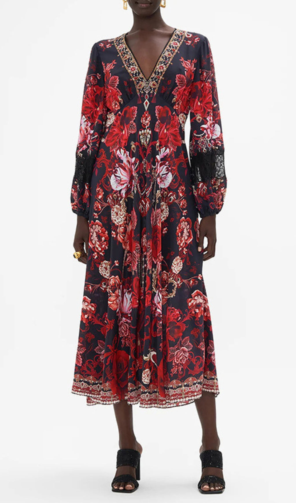 Davood V-Neck Floral Printed Midi Dress