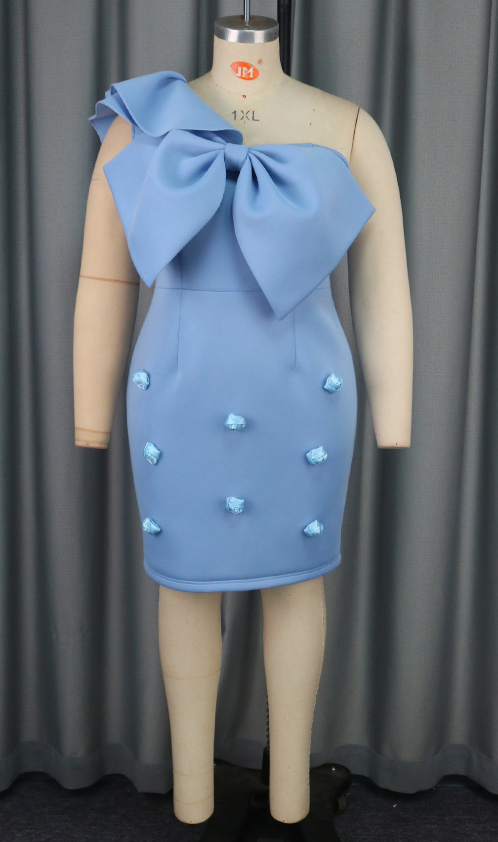 Baina Blue One Shoulder Bow Mini Dress