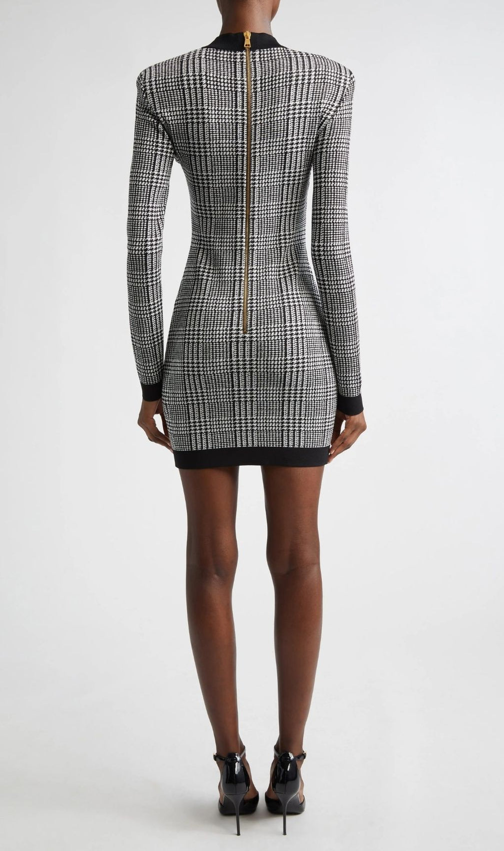 Karinda Chic Houndstooth Knit Mini Dress | Long Sleeve & Gold Buttons