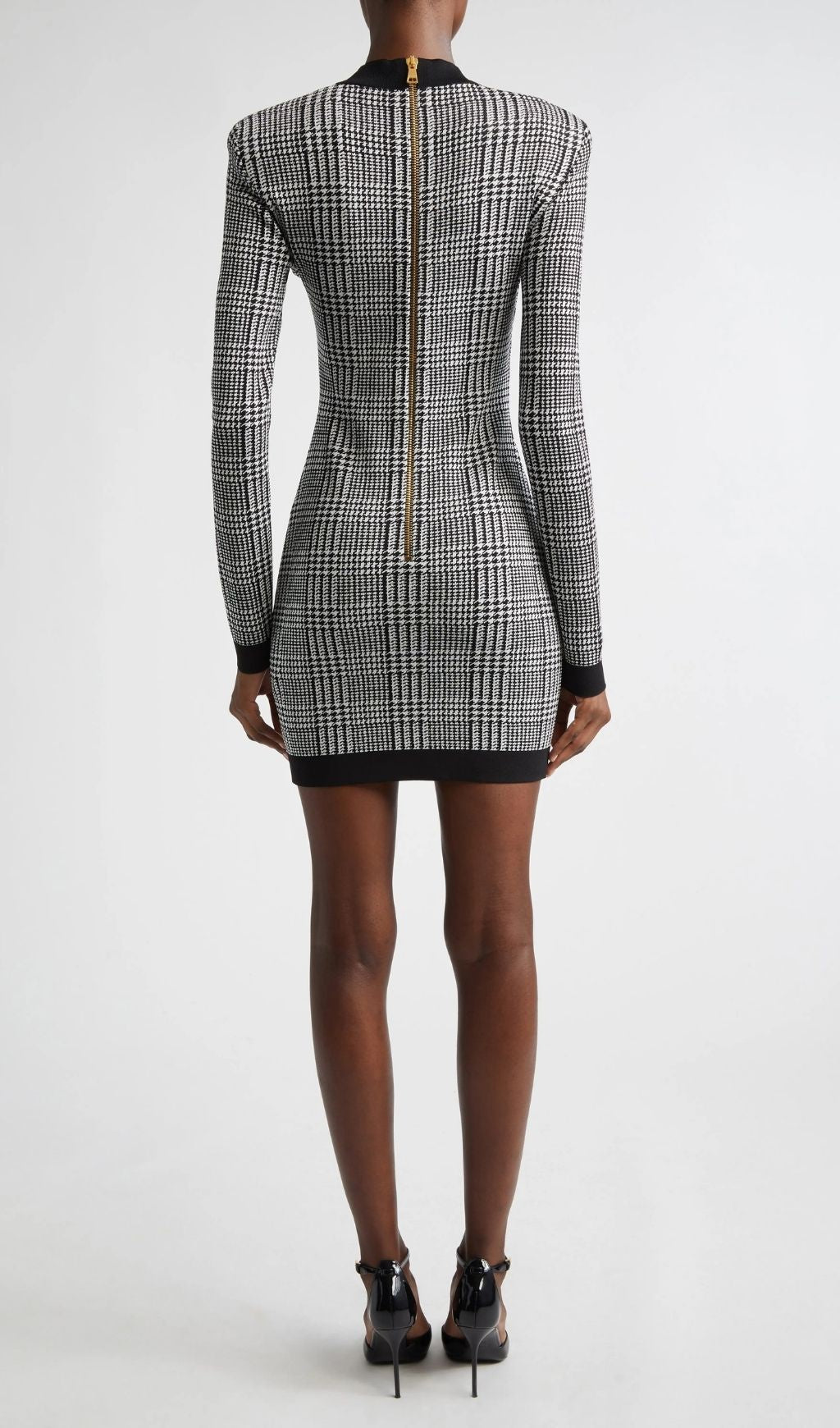 Karinda Chic Houndstooth Knit Mini Dress | Long Sleeve & Gold Buttons