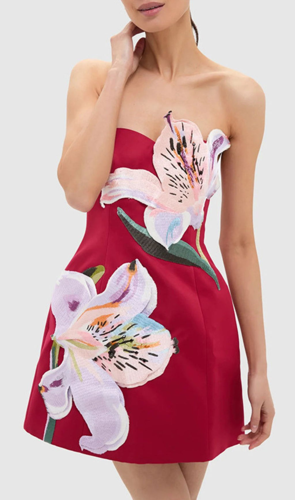 Vibrant Huy Rose Red Strapless Mini Dress | Exquisite 3D Floral Appliqués