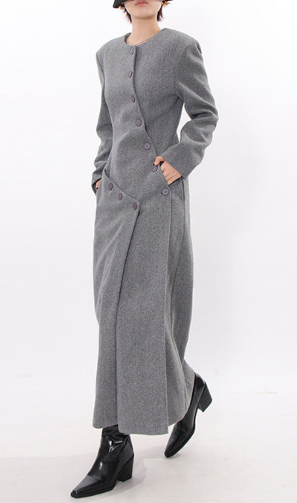 Iekika Elegant Grey Maxi Coat - Chic Asymmetrical Purple Button Outerwear for Women